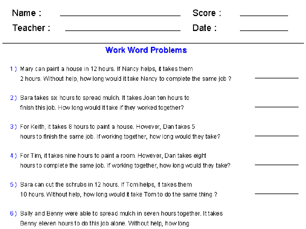 work word problems worksheet