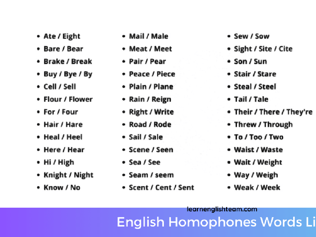 homophones list english