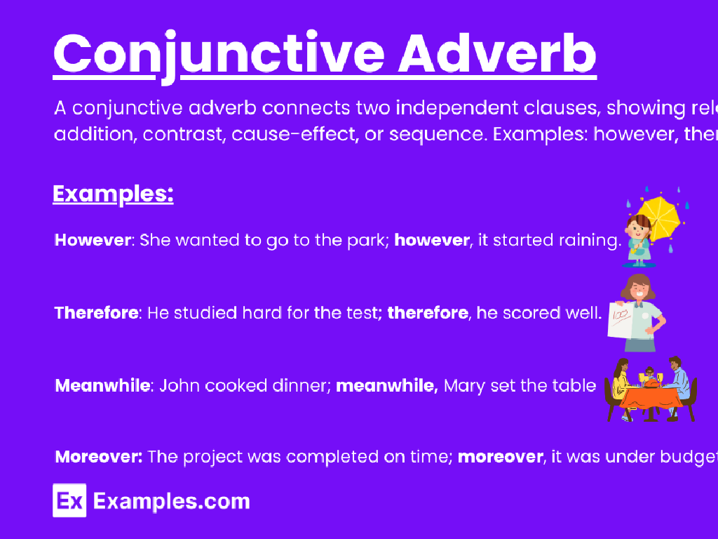 purple conjunctive adverb examples