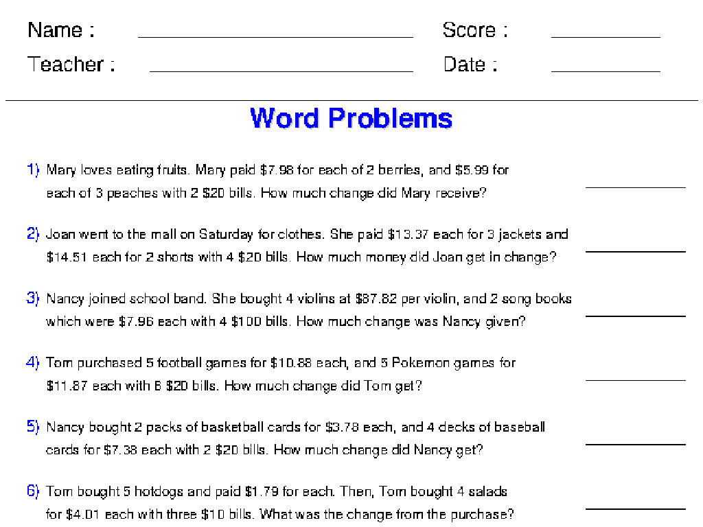 math word problems worksheet