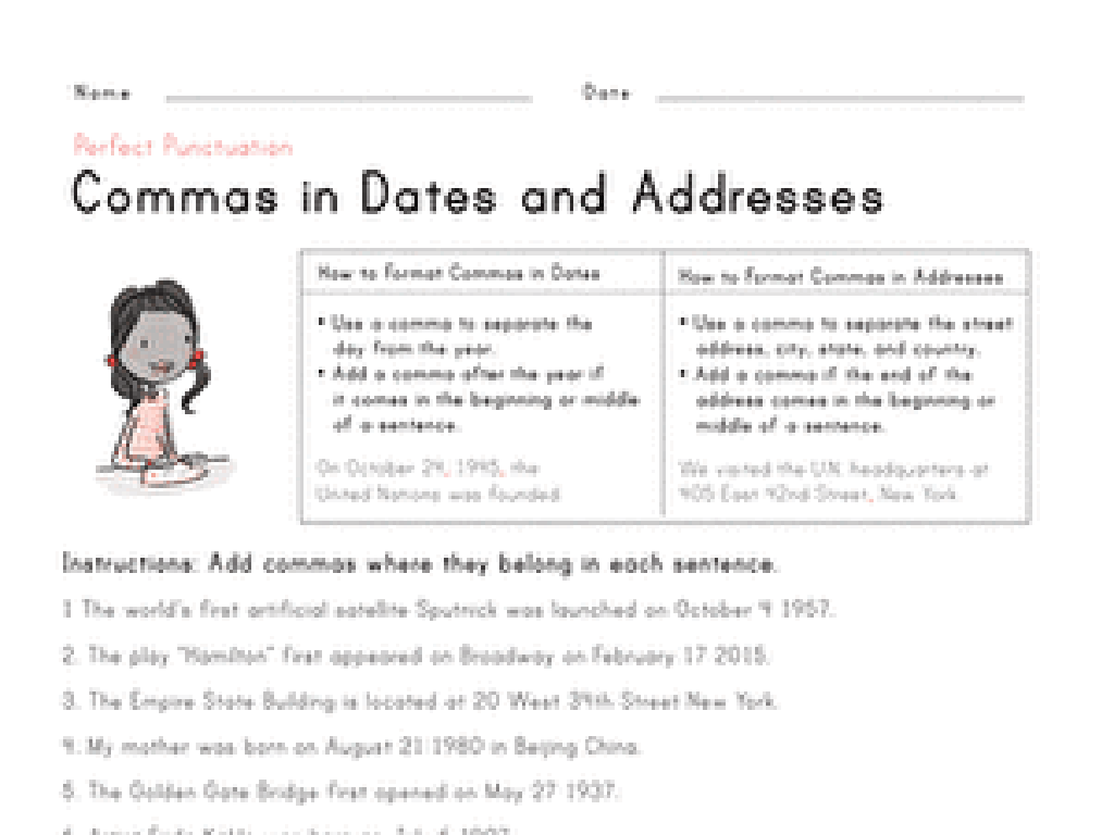 commas dates addresses worksheet