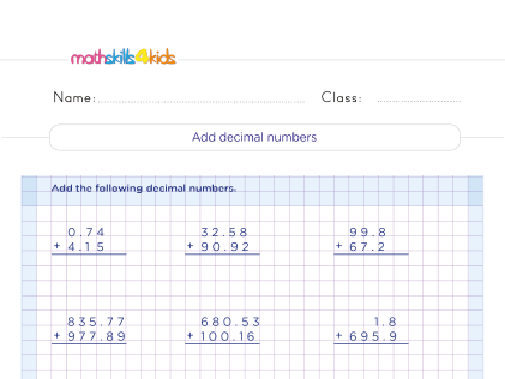 decimal addition worksheet