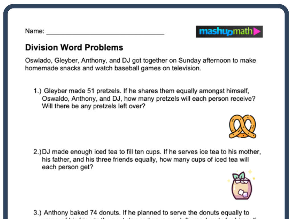 pretzel drink division worksheet
