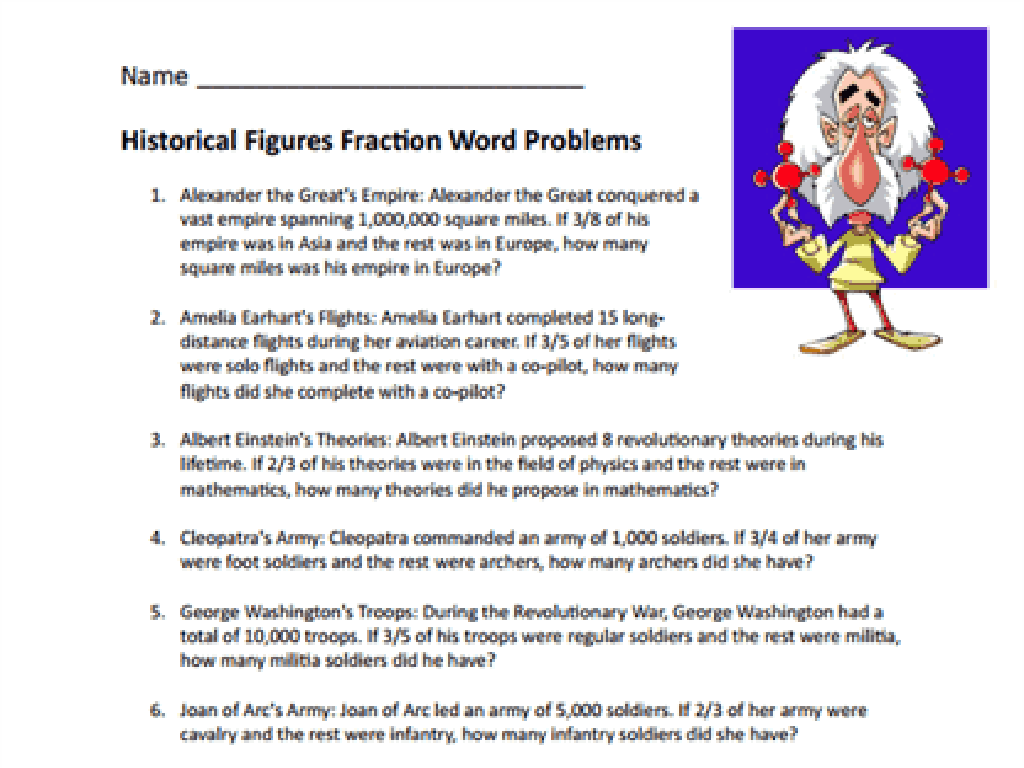 cartoon scientist fraction worksheet