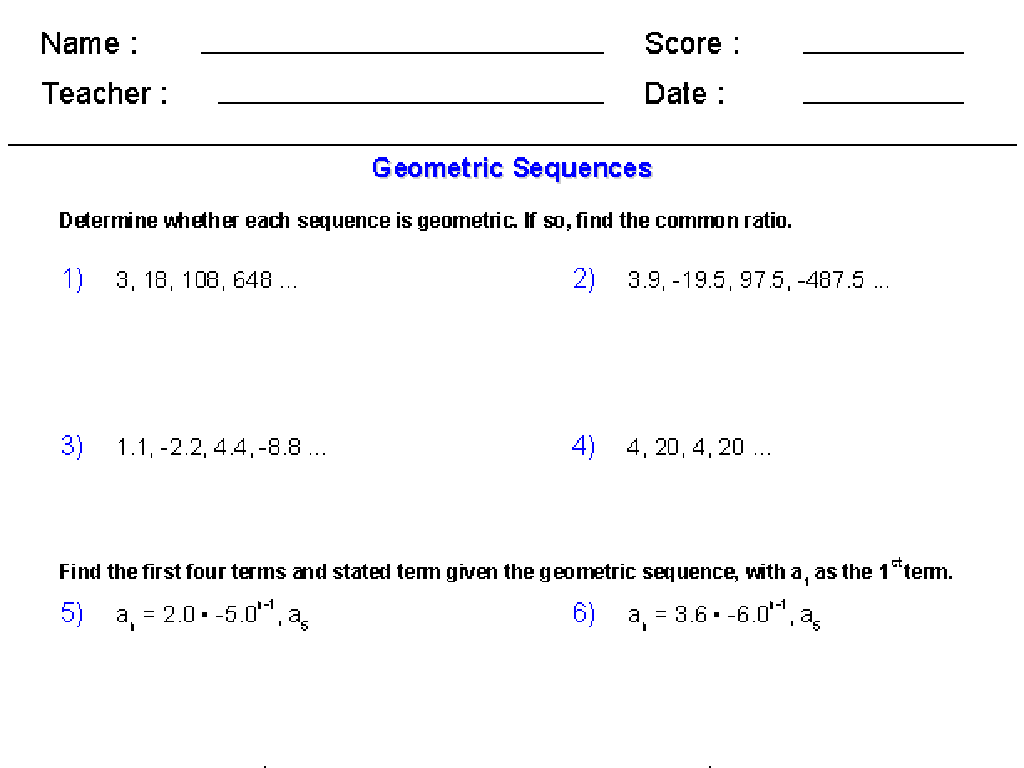 geometric sequences worksheet