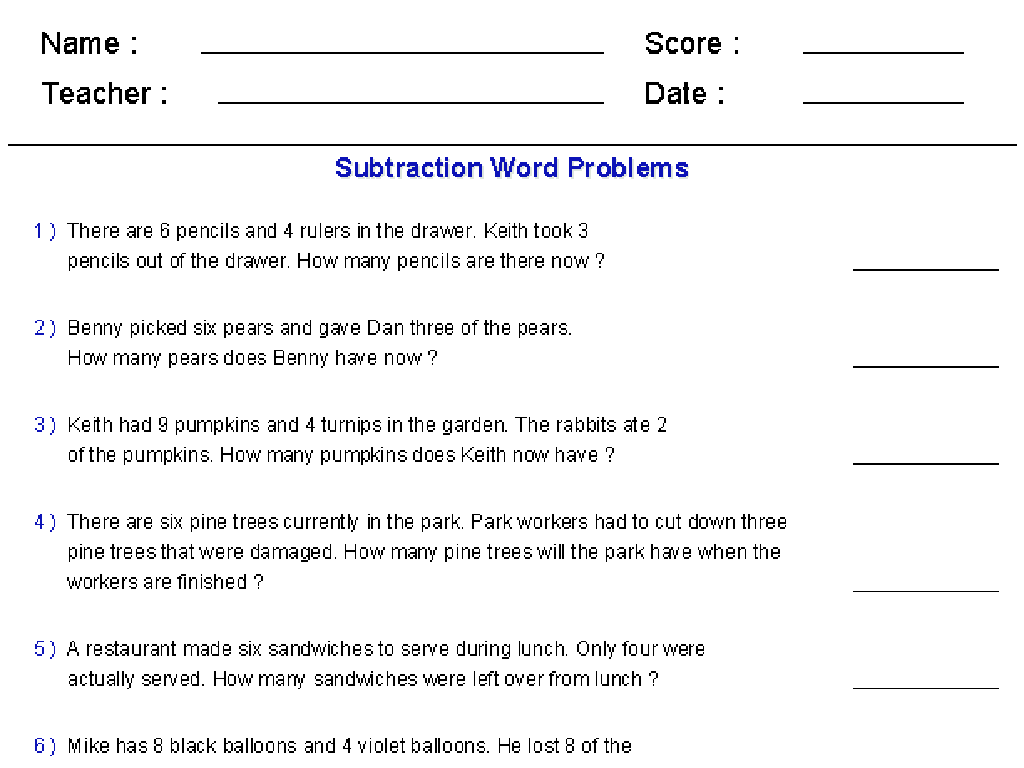 subtraction word problems