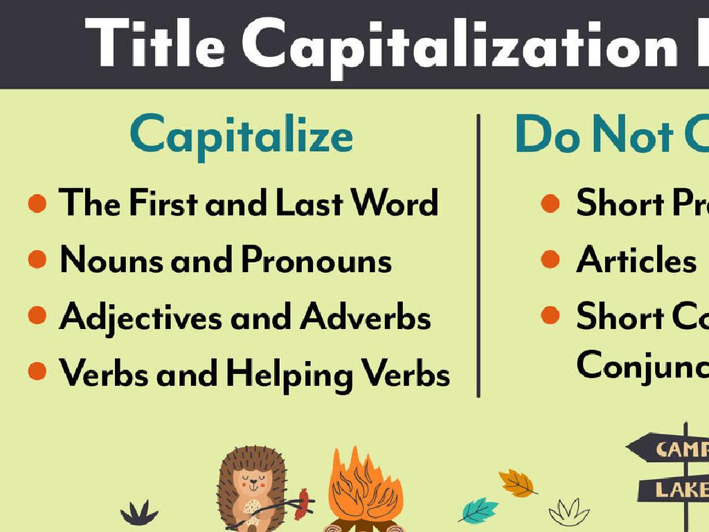 Title capitalization involves capitalizing the first and last words of a title, as well as all major words in between. Here are some key rules with examples:

1. **Capitalize the First and Last Words:**
   - Example: "A Tale of Two Cities"

2. **Capitalize All Major Words:**
   - Major words include nouns, pronouns, verbs, adjectives, adverbs, and some conjunctions.
   - Example: "The Great Gatsby"

3. **Do Not