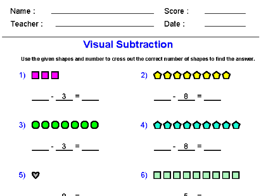 student subtraction worksheet