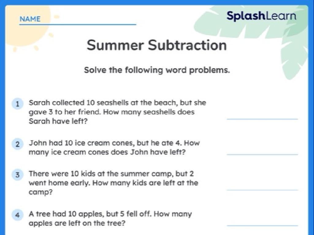 summer subtraction worksheet