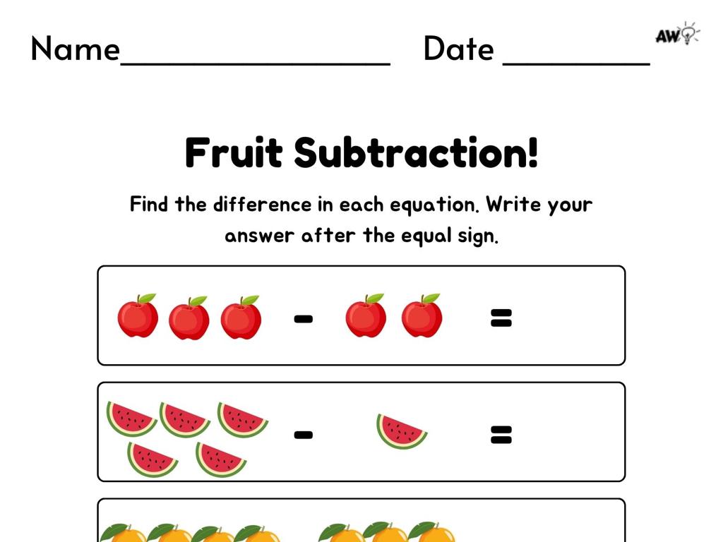 fruit subtraction worksheet