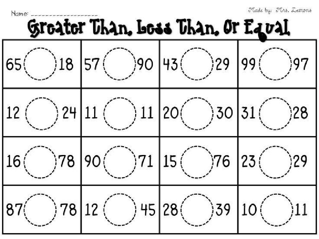 math comparison worksheet