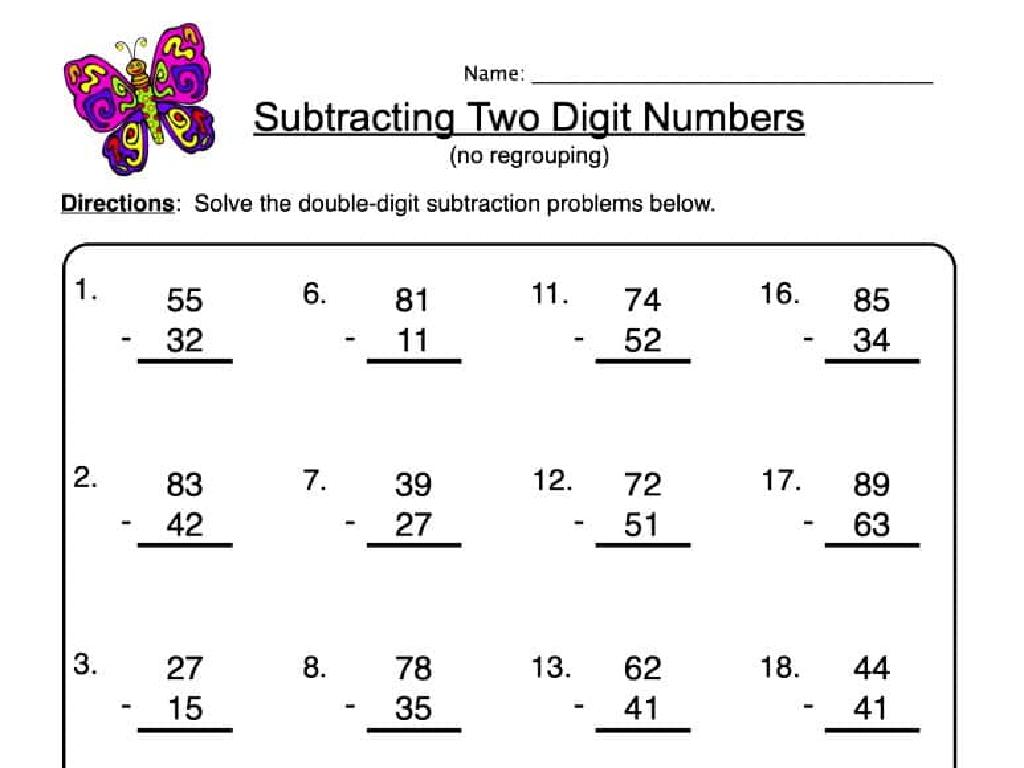 butterfly subtraction worksheet