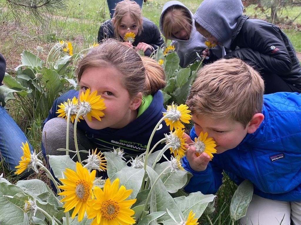 kids smelling flowers