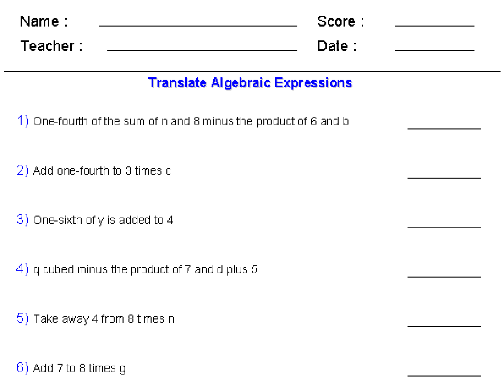 translating algebraic expressions