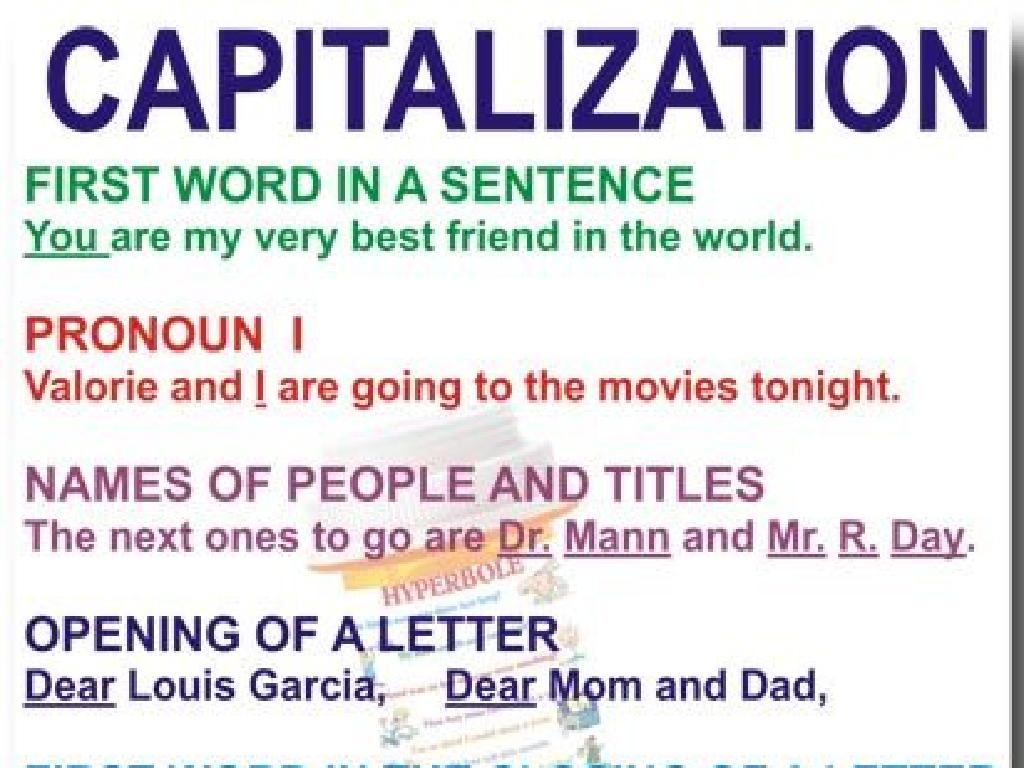 Certainly! Here are some basic capitalization rules with examples:

1. **First Word of a Sentence**: Always capitalize the first word of a sentence.
   - Example: "The cat is sleeping."

2. **Proper Nouns**: Capitalize specific names of people, places, organizations, and sometimes things.
   - Example: "I visited Paris last summer."

3. **Days, Months, and Holidays**: Capitalize the names of days of the week, months of the year,