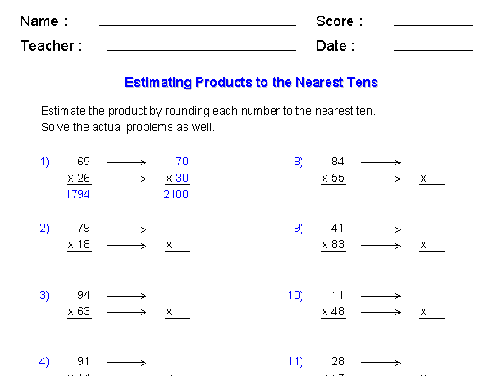 estimating products worksheet