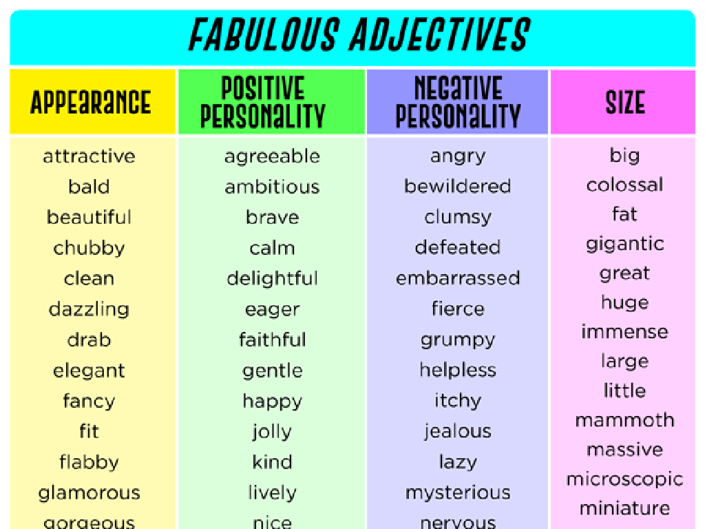 adjective list categories