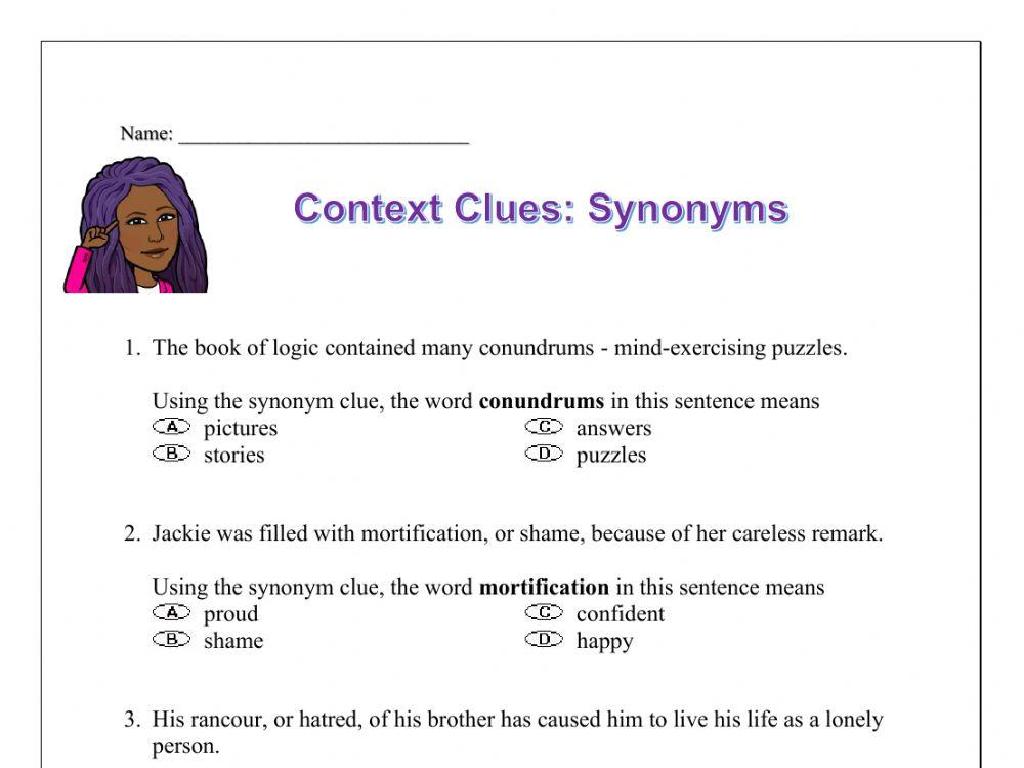 synonyms worksheet questions