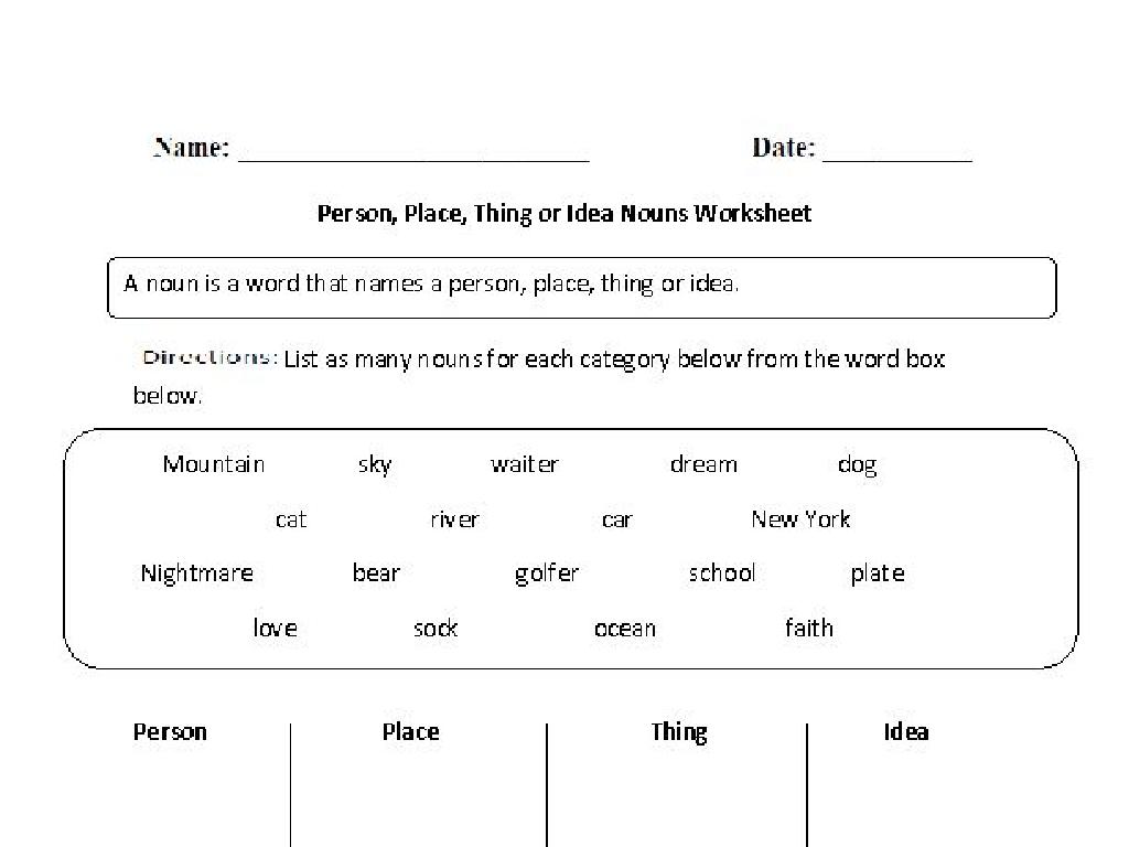 nouns worksheet categories