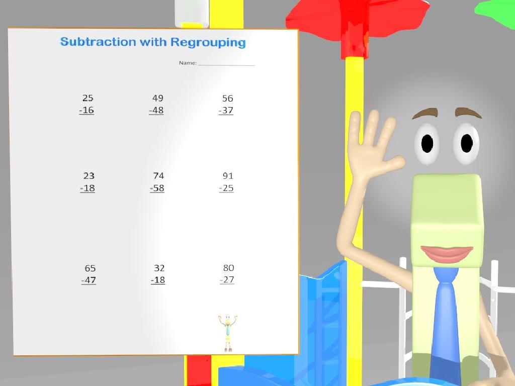 subtraction worksheet character