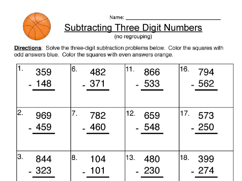 three-digit subtraction worksheet