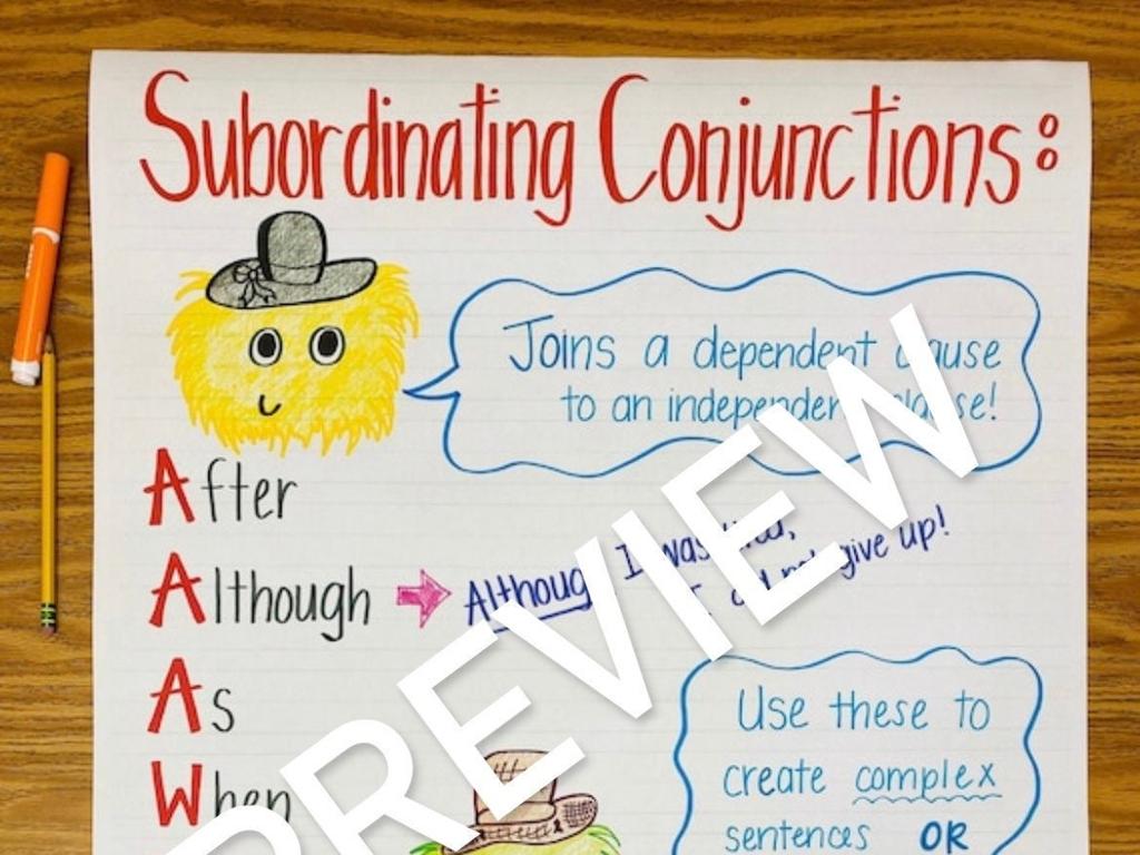 colorful subordinating conjunctions poster